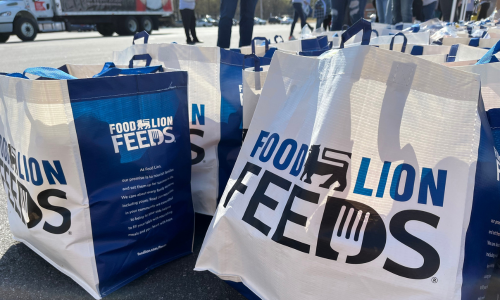  Food Lion bags stuffed with produce are lined up on the bus parking lot.